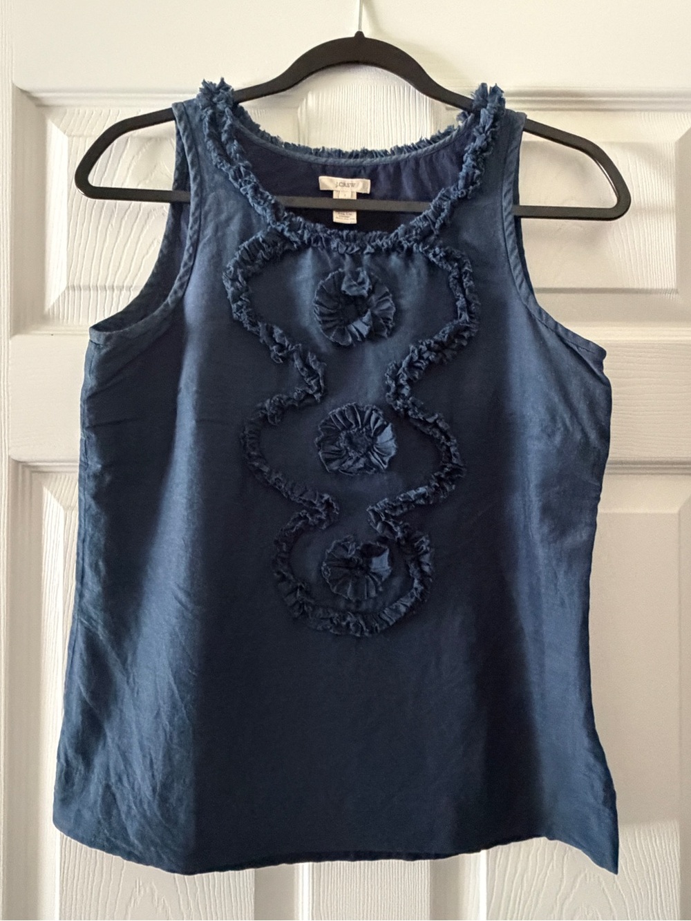 J. Crew Navy Sleeveless Top with Ruffled Appliqué Detail